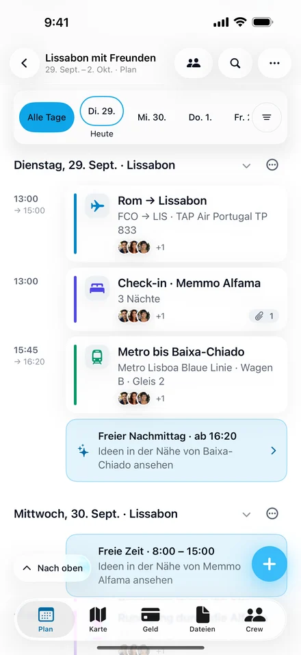Jurni-Plan für „Lissabon mit Freunden“: der Dienstag mit dem TAP-Flug aus Rom, dem Hotel-Check-in, einer Metrofahrt und Ideen für die freie Zeit.