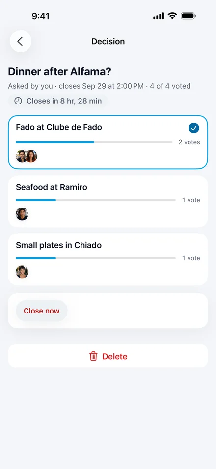 Jurni decision “Dinner after Alfama?” with votes for Fado at Clube de Fado, Seafood at Ramiro, and Small plates in Chiado.