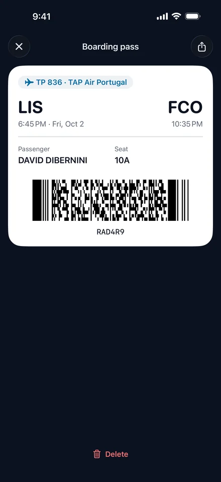 Jurni boarding pass for TAP Air Portugal TP 836 from Lisbon to Rome, seat 10A, with its barcode.