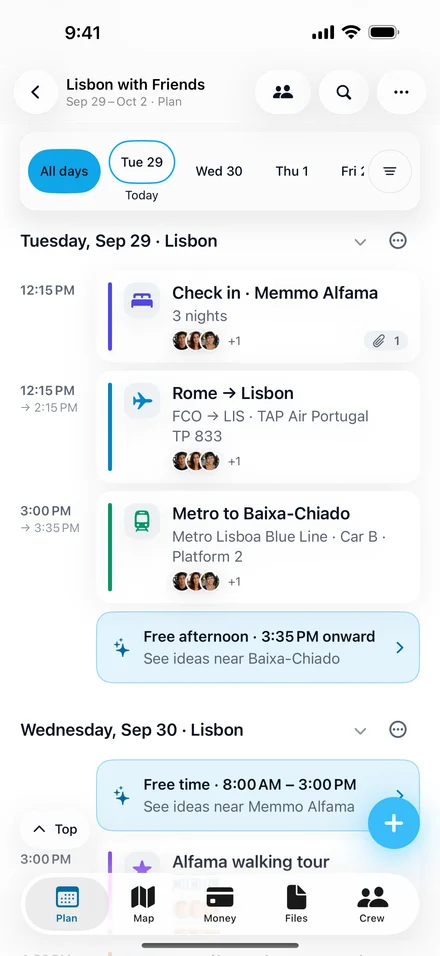 Jurni plan for Lisbon with Friends: Tuesday’s itinerary with the TAP flight from Rome, the hotel check-in, a metro ride, and ideas for free time.