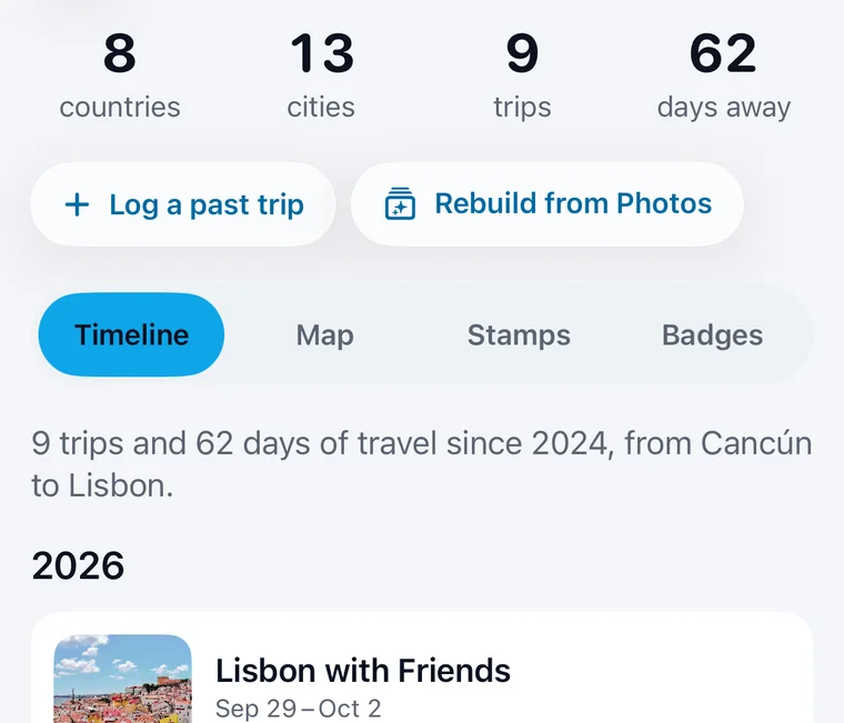 Jurni Travel Story: countries, cities, trips, and days away, with Log a past trip, Rebuild from Photos, and a timeline of trips.