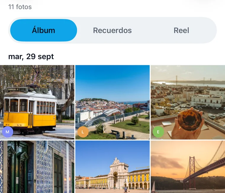 Álbum compartido de Jurni del viaje a Lisboa: fotos de un tranvía amarillo, la ciudad desde un mirador, un pastel de nata, azulejos, la Praça do Comércio y el puente 25 de Abril, cada una marcada con quién la añadió.