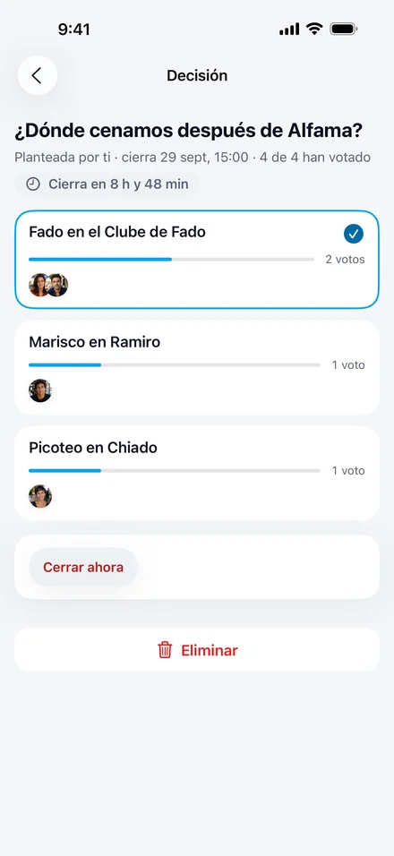 Decisión de Jurni «¿Dónde cenamos después de Alfama?» con votos para Fado en el Clube de Fado, Marisco en Ramiro y Picoteo en Chiado.