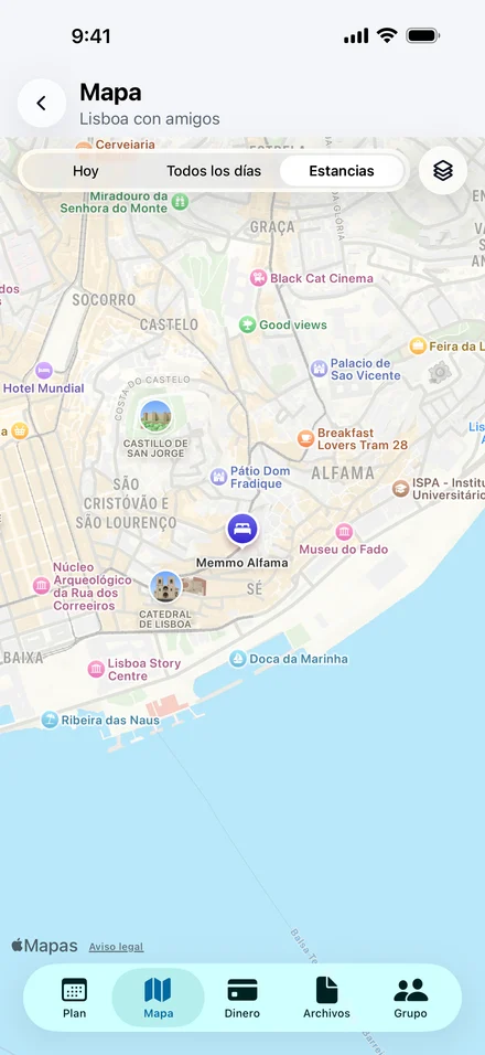 Mapa de Jurni de Lisboa con el alojamiento y los lugares del viaje, entre ellos Memmo Alfama, el Castillo de San Jorge y el Museu do Fado.