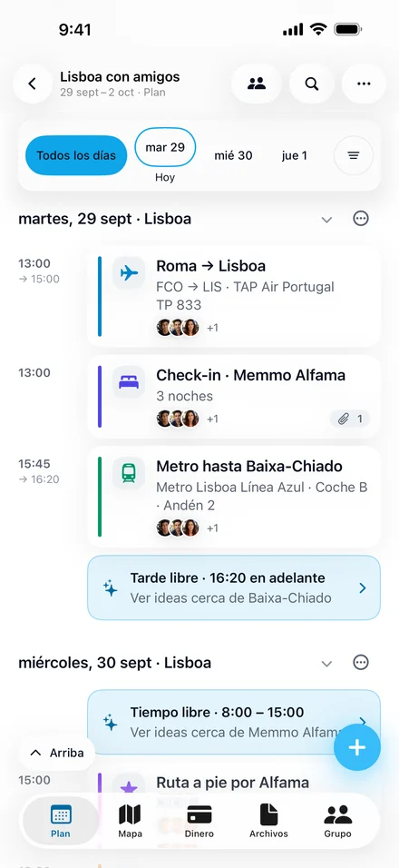 Plan de Jurni para Lisboa con amigos: el itinerario del martes con el vuelo de TAP desde Roma, el check-in del hotel, un trayecto en metro e ideas para la tarde libre.