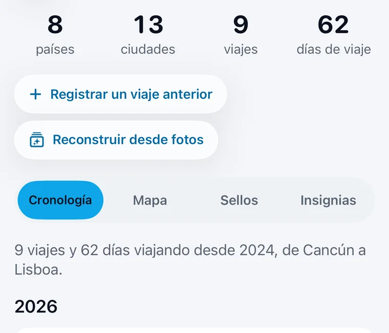 Historia de viajes de Jurni: países, ciudades, viajes y días de viaje, con Registrar un viaje anterior, Reconstruir desde fotos y una cronología de viajes.