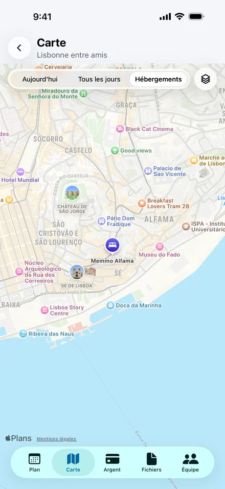 Carte Jurni de Lisbonne avec l’hébergement et les lieux du voyage, dont Memmo Alfama, le château de São Jorge et le Museu do Fado.