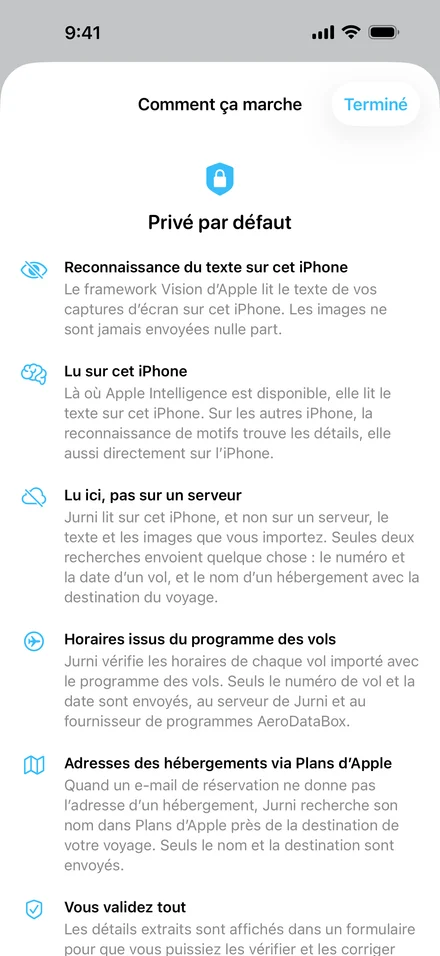 Fiche Comment ça marche de Jurni, Privé par défaut : reconnaissance du texte sur cet iPhone, lecture sur cet iPhone, lu ici et pas sur un serveur, horaires issus du programme des vols, adresses des hébergements via Plans d’Apple, et vous validez tout.