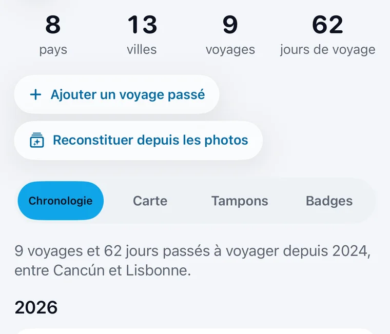 Carnet de voyage de Jurni : pays, villes, voyages et jours de voyage, avec Ajouter un voyage passé, Reconstituer depuis les photos et une chronologie des voyages.