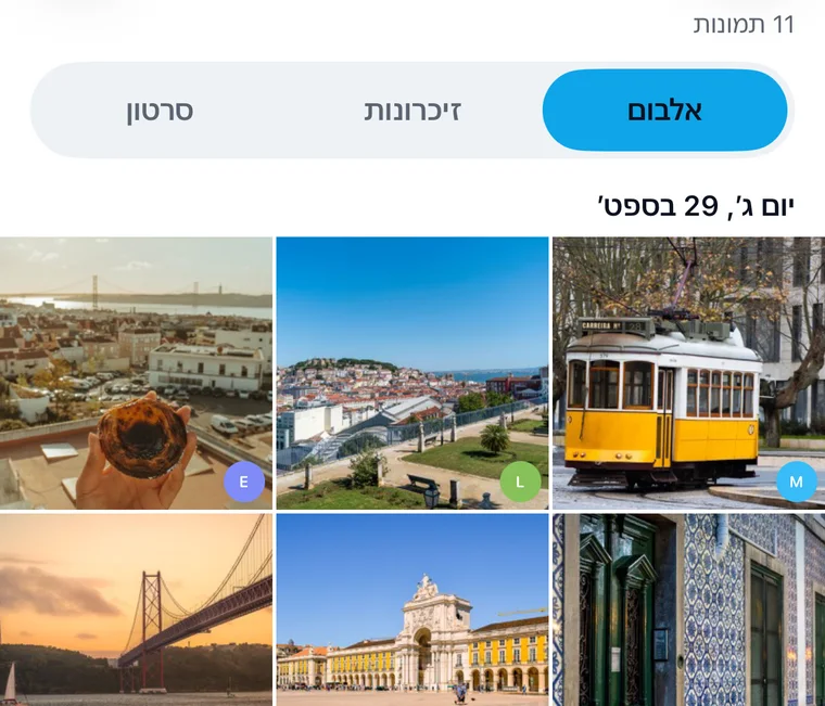 האלבום המשותף של Jurni לטיול בליסבון: תמונות של חשמלית צהובה, העיר מנקודת תצפית, פסטל דה נאטה, אריחי אזולז׳ו, Praça do Comércio וגשר 25 de Abril, וכל אחת מסומנת במי שהוסיף אותה.