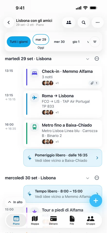 Piano di Jurni per «Lisbona con gli amici»: l’itinerario di martedì con il volo TAP da Roma, il check-in in hotel, una corsa in metro e idee per il tempo libero.