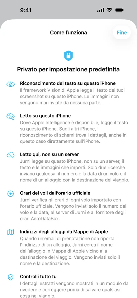 Scheda Come funziona di Jurni, Privato per impostazione predefinita: riconoscimento del testo su questo iPhone, lettura su questo iPhone, letto qui e non su un server, orari dei voli dall’orario ufficiale, indirizzi degli alloggi da Mappe di Apple, e controlli tutto tu.