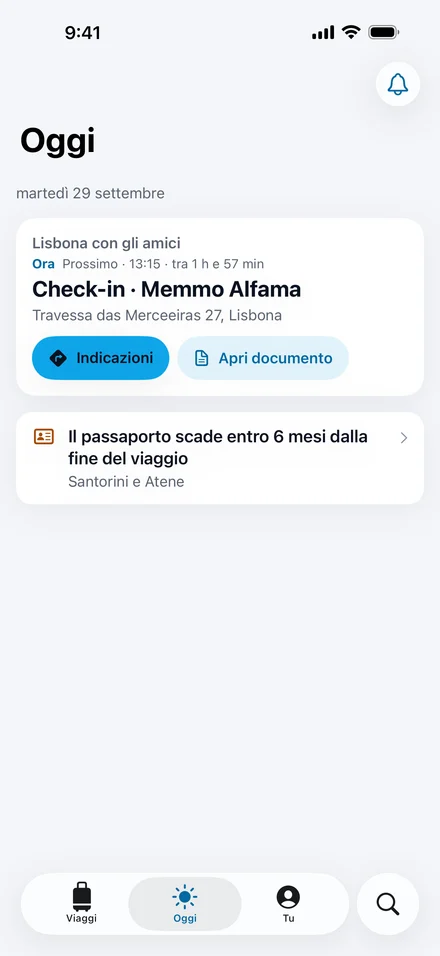 Oggi in Jurni: il prossimo impegno è il check-in al Memmo Alfama, con Indicazioni e Apri documento, e un promemoria sul passaporto per un viaggio successivo.