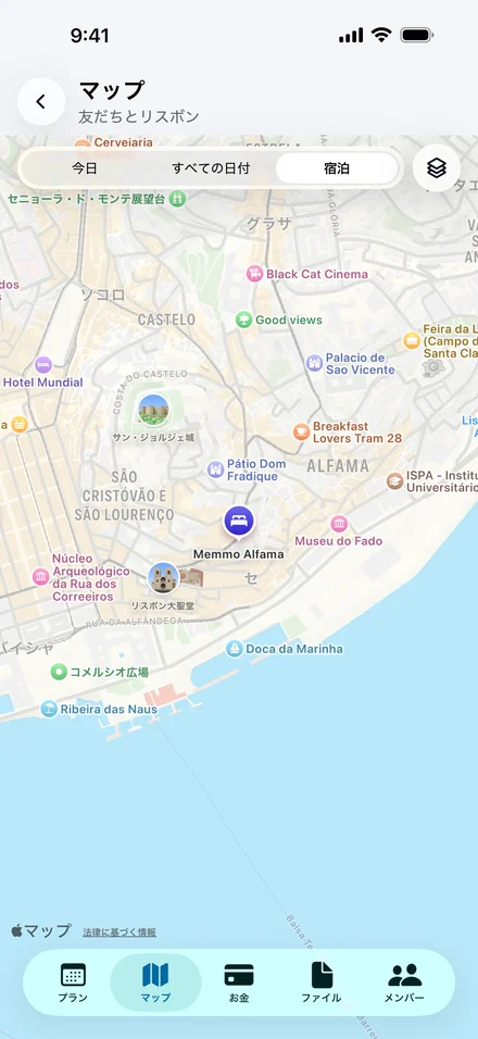 リスボンのJurniマップ：Memmo Alfama、Museu do Fado、サン・ジョルジェ城など、旅の宿泊先と行きたい場所。