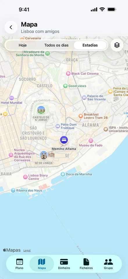 Mapa da Jurni de Lisboa com a estadia e os locais da viagem, incluindo o Memmo Alfama, o Castelo de São Jorge e o Museu do Fado.