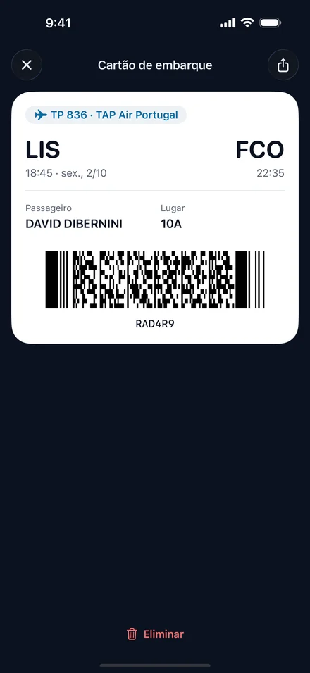 Cartão de embarque da Jurni para o voo TAP Air Portugal TP 836 de Lisboa para Roma, lugar 10A, com o código de barras.