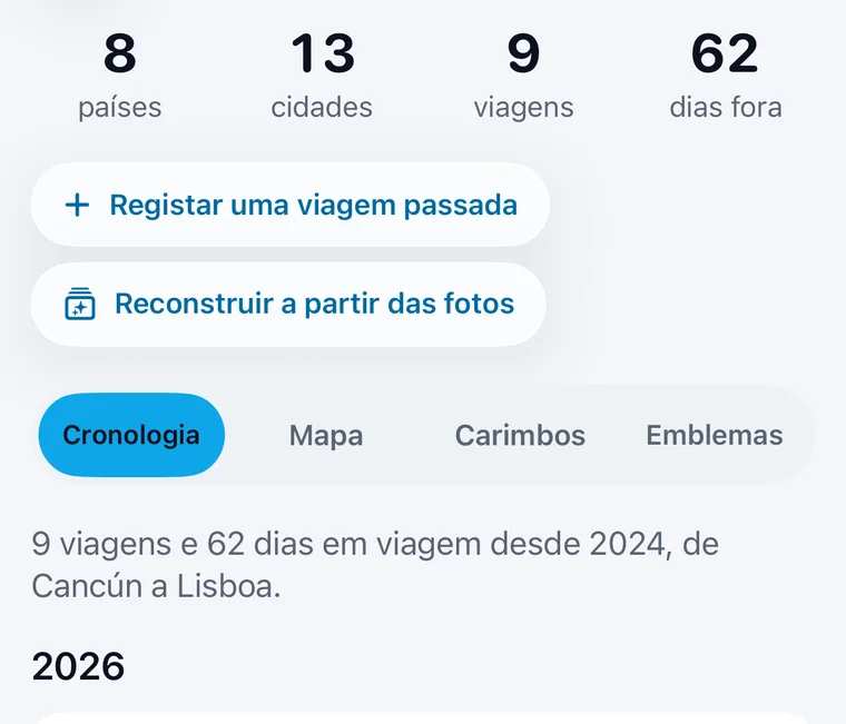 História de viagens da Jurni: países, cidades, viagens e dias fora, com Registar uma viagem passada, Reconstruir a partir das fotos e uma cronologia das viagens.
