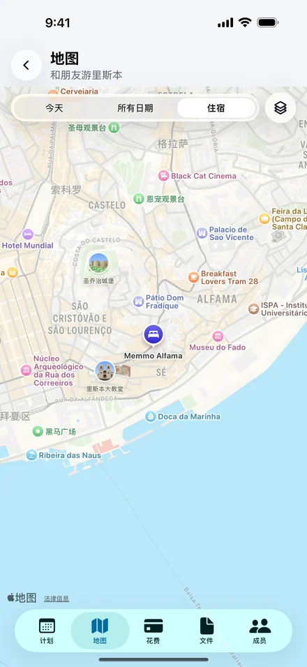 Jurni 里斯本地图，标出行程的住宿和地点，包括 Memmo Alfama、圣乔治城堡和 Museu do Fado。