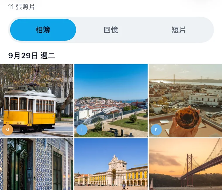 Jurni 里斯本之旅的共享相簿：黃色電車、從觀景台看出去的市景、葡式蛋塔、葡萄牙花磚、商業廣場和四月二十五日大橋，每張照片都標出是誰加入的。